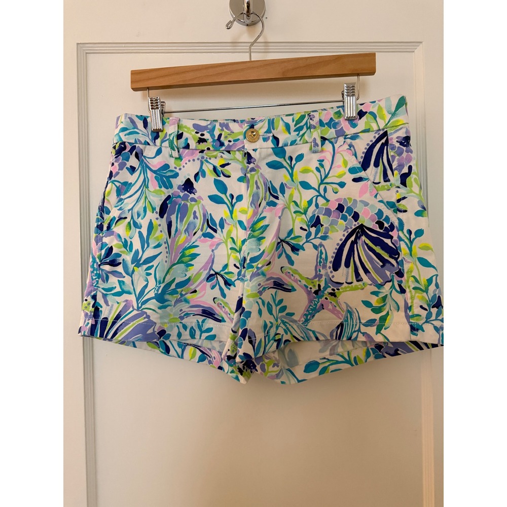 Lilly Pulitzer Callahan‎ Shorts Size 10 Blue Green Shell Beach Coastal Print 5"